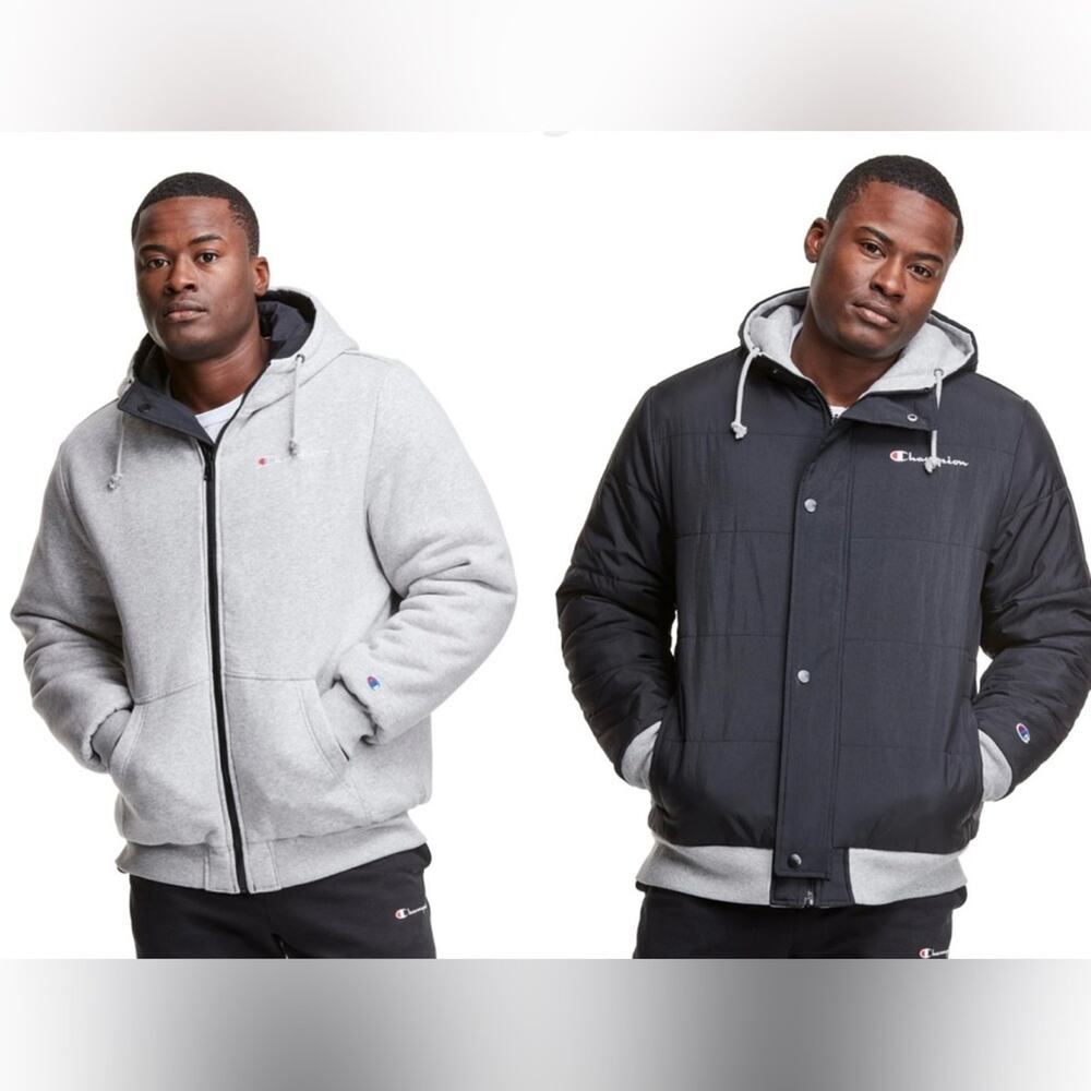 Champion Reversible Powerblend Puffer jacket Gray & black Coat hood size Large